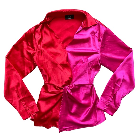 Vici Tops - NWOT VICI Women’s Colorblock Pink Red Twist Front Satin Blouse Size Small